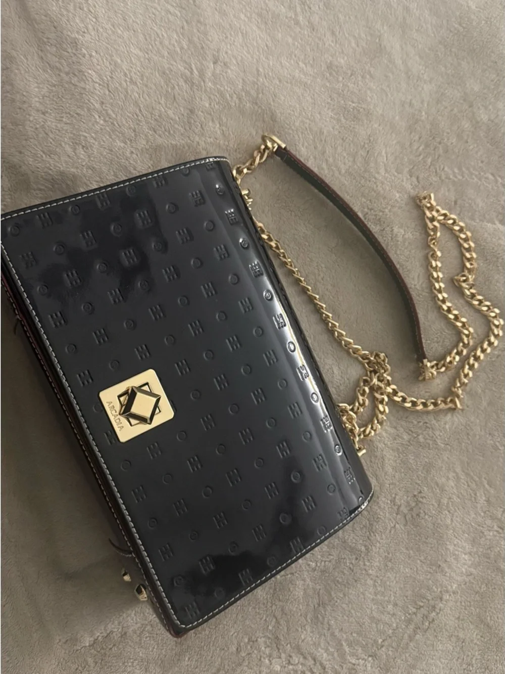 Arcadia Black Patent Crossbody with Gold Chain - Picture 1 of 3